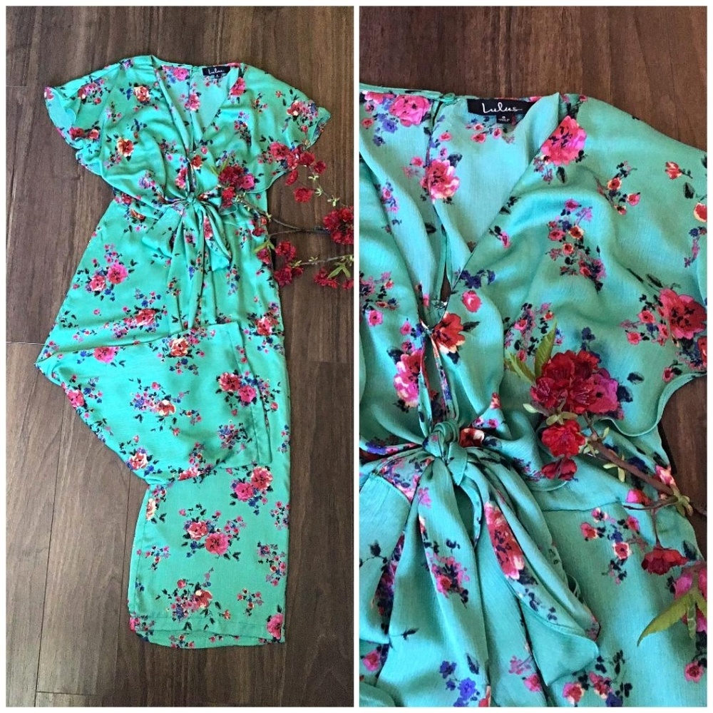 FEW LEFT❗Lulu's Mint Floral Cropped Jumpsuit - Picture 6 of 7